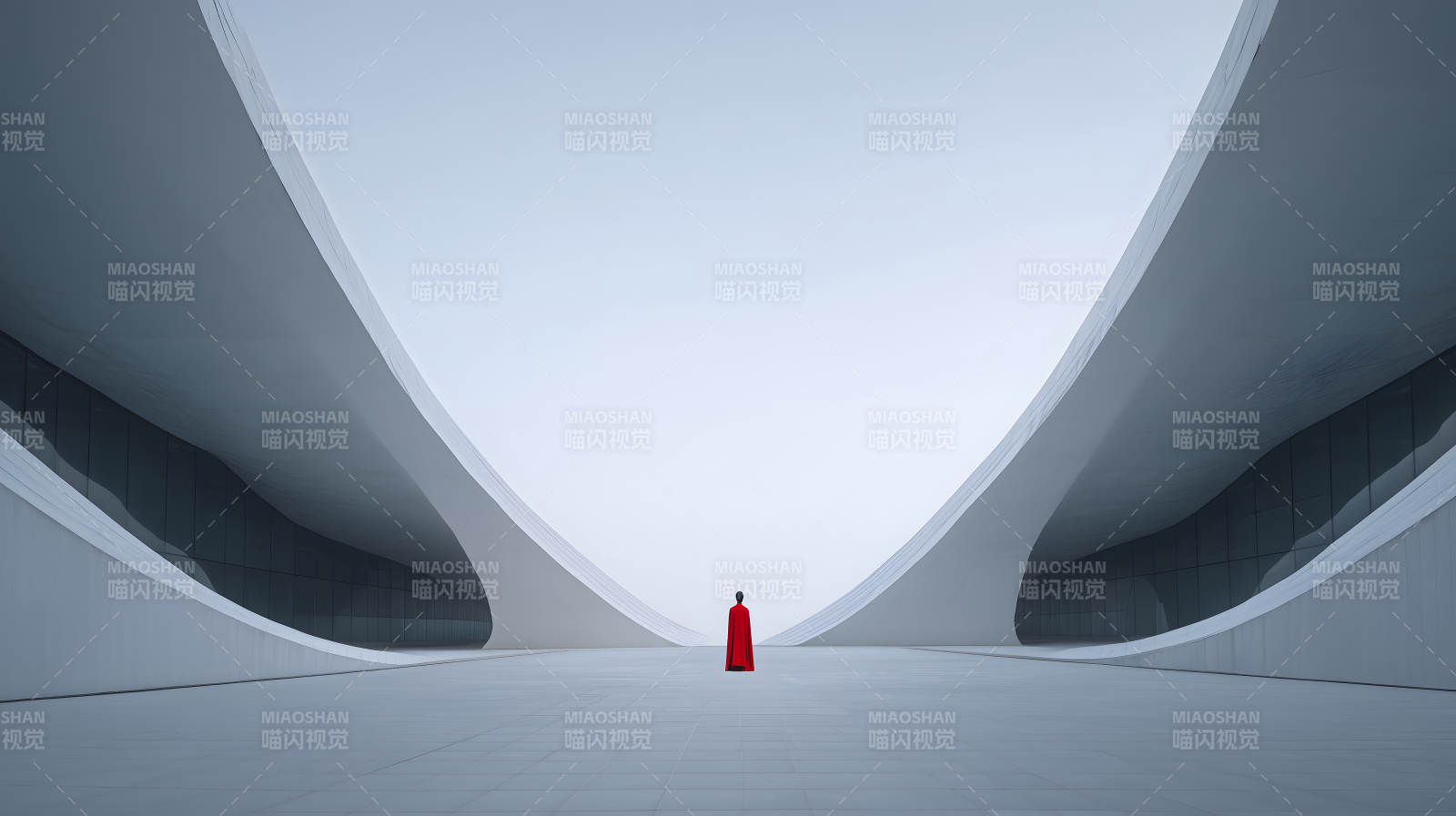 建筑中的红衣人孤独的氛围图片