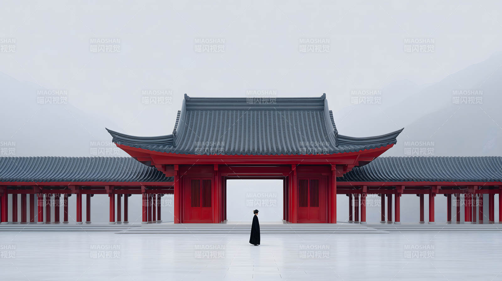 古建筑与人物构成极简唯美画面图片