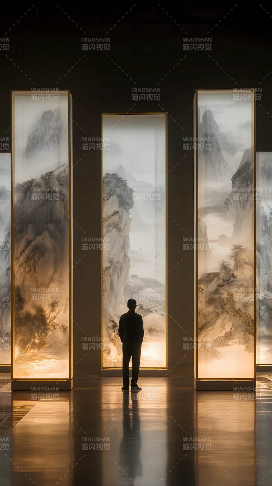 男子观赏艺术画作光影交织图片