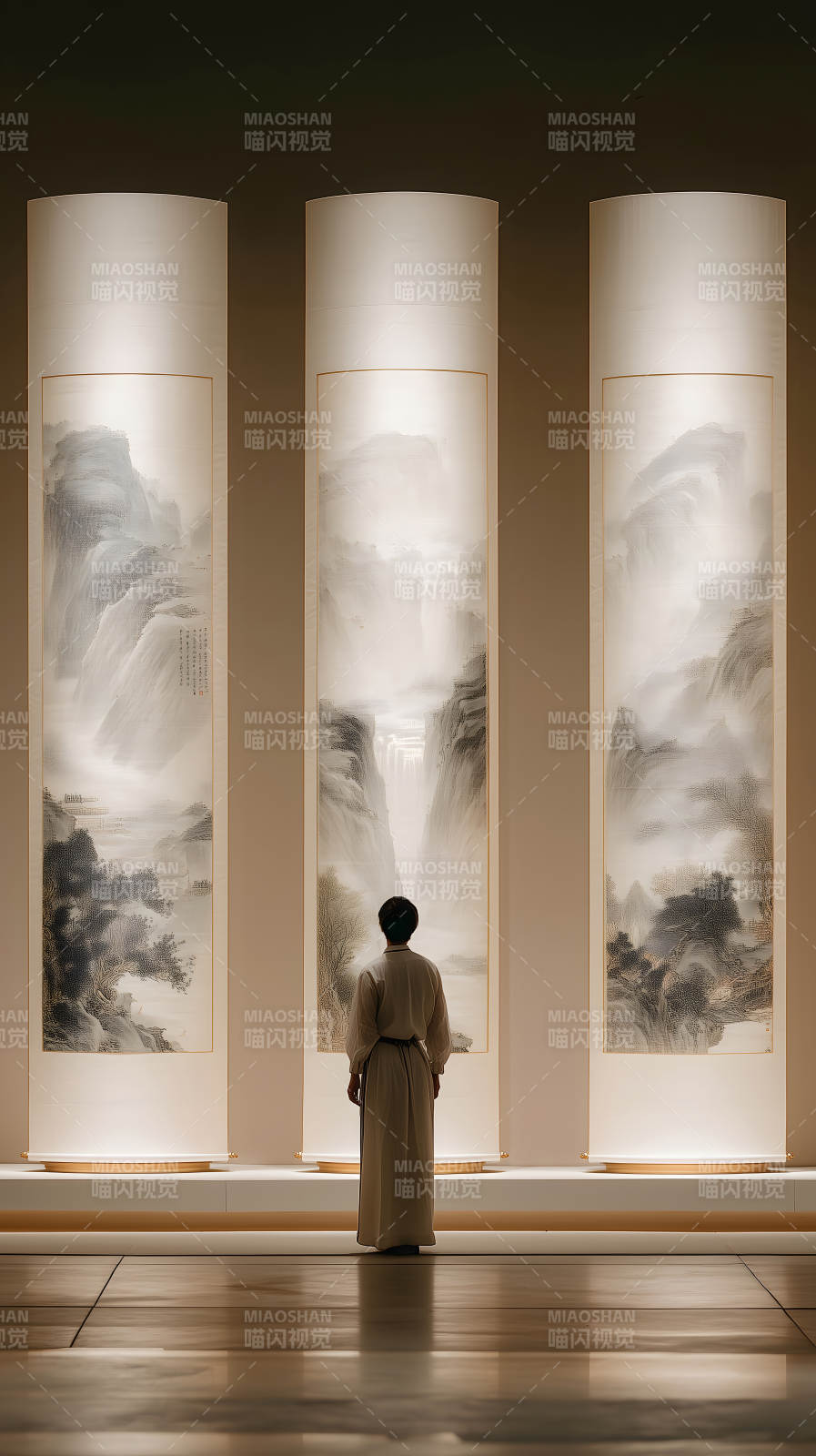 观赏山水画作的沉思者图片