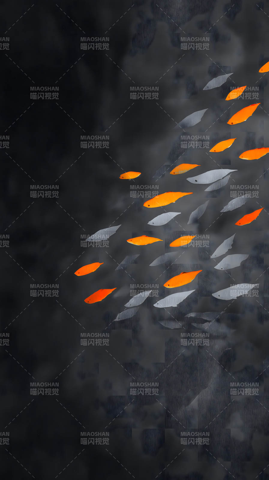 橙色鱼群在深色背景中游动图片