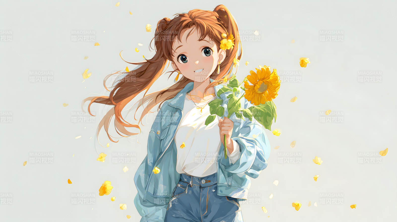 阳光少女手捧向日葵笑容灿烂图片