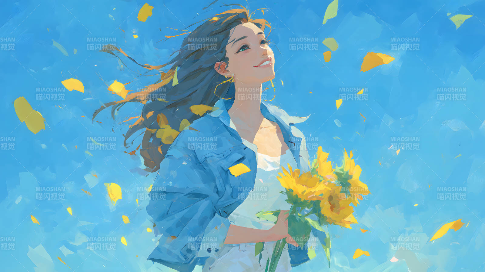 少女仰望天空手捧向日葵图片