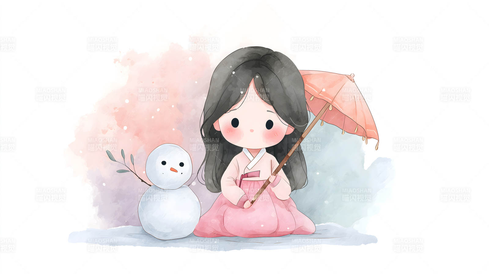 女孩与雪人温馨场景图片