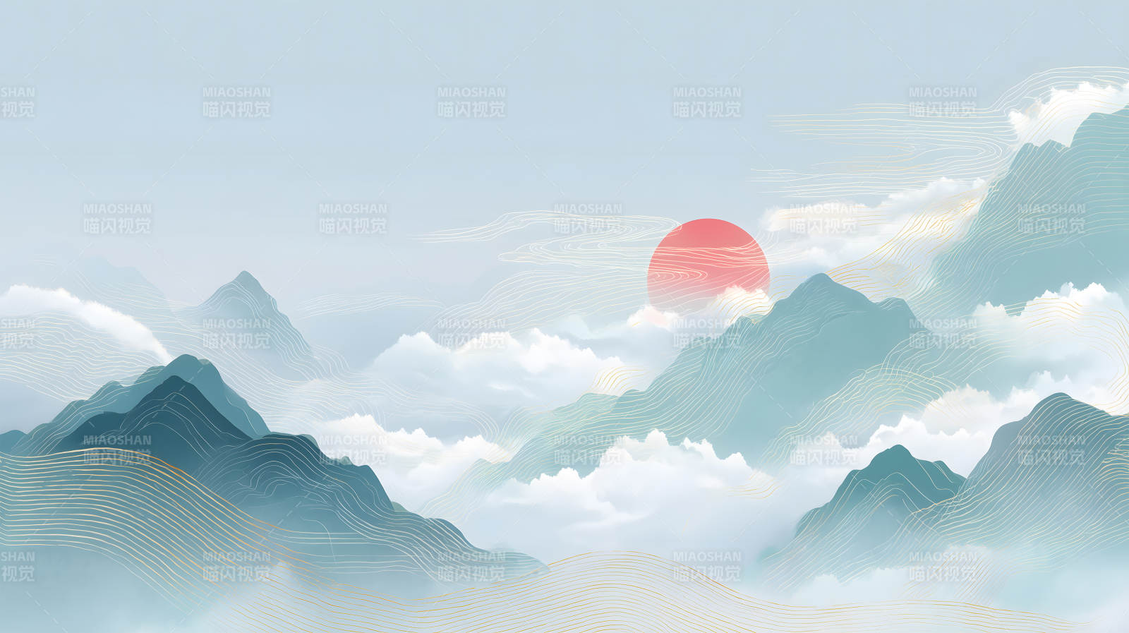 山水画风夕阳景色图片