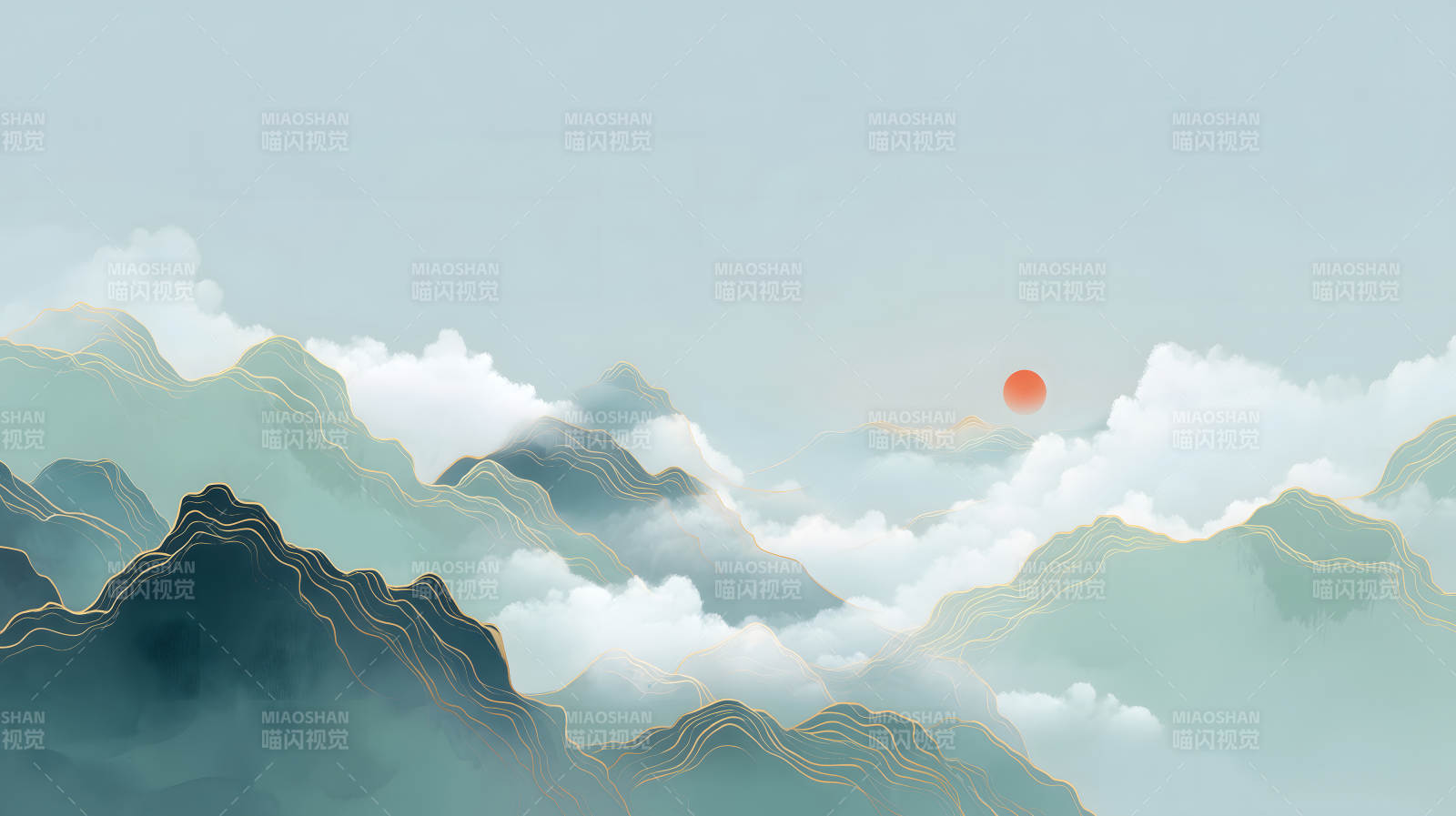 山水意境夕阳云海图片