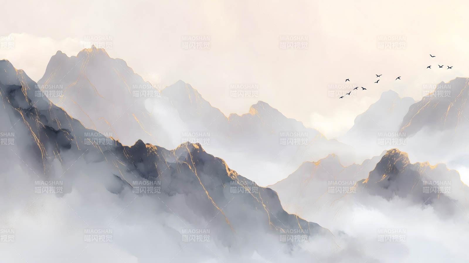 水墨山水画鸟儿飞翔图片