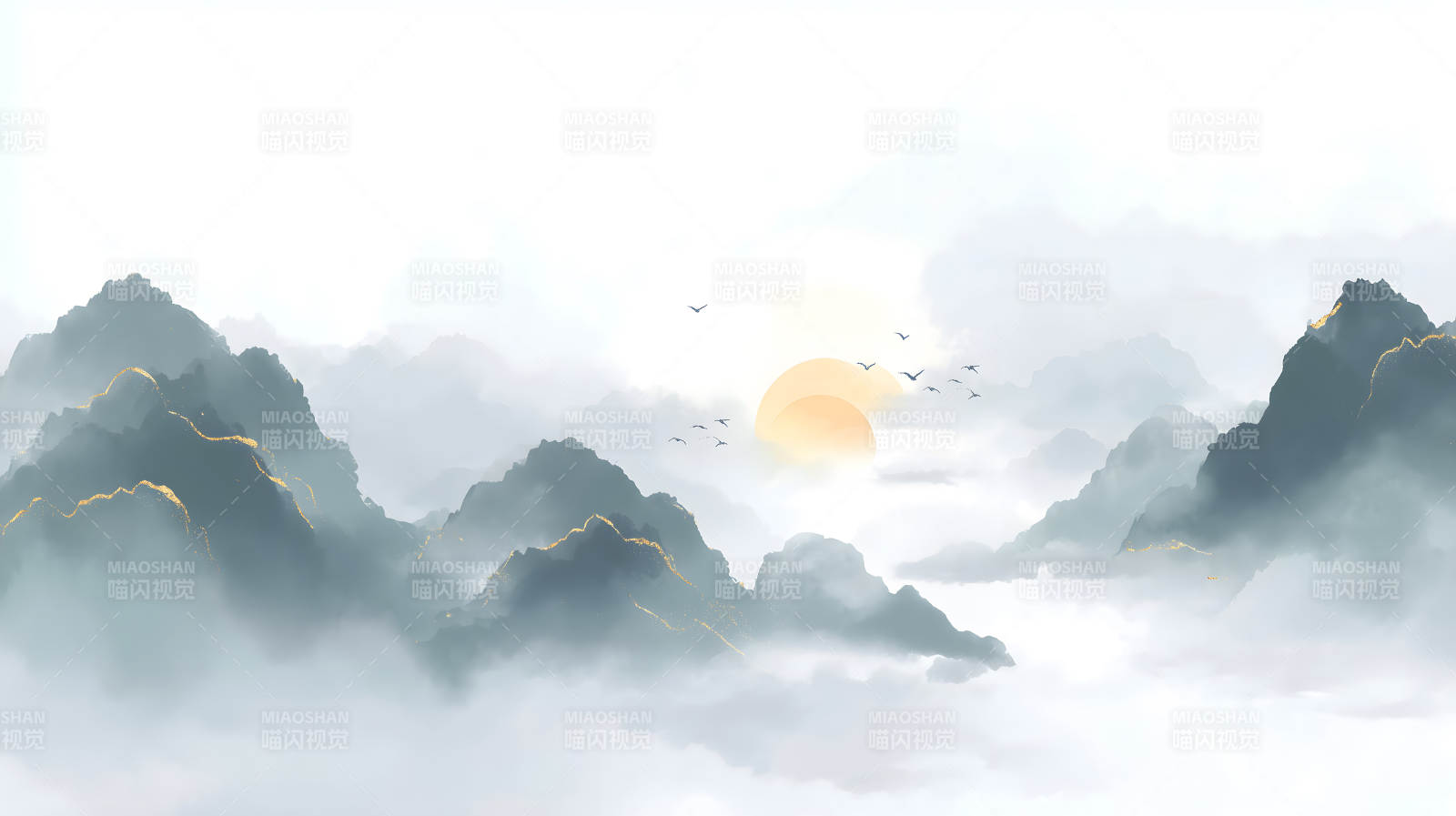 山水意境鸟瞰云海夕阳西下图片