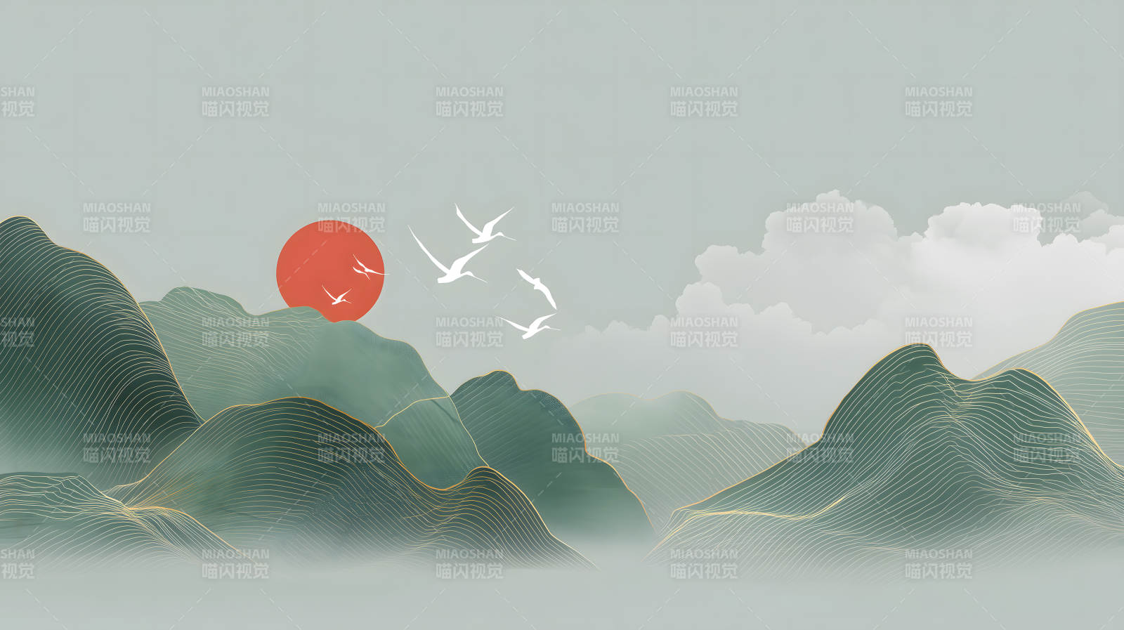 水墨山水画飞鸟红日图片