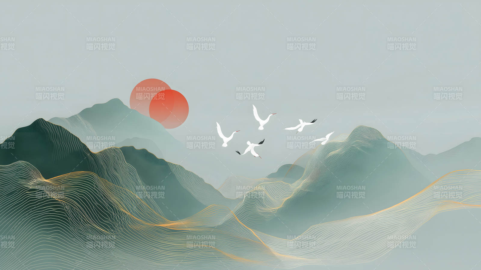 山水飞鸟意境图唯美山河景象图片