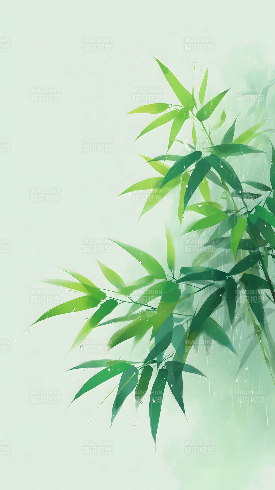 竹林雨景清新唯美风格绘画图片