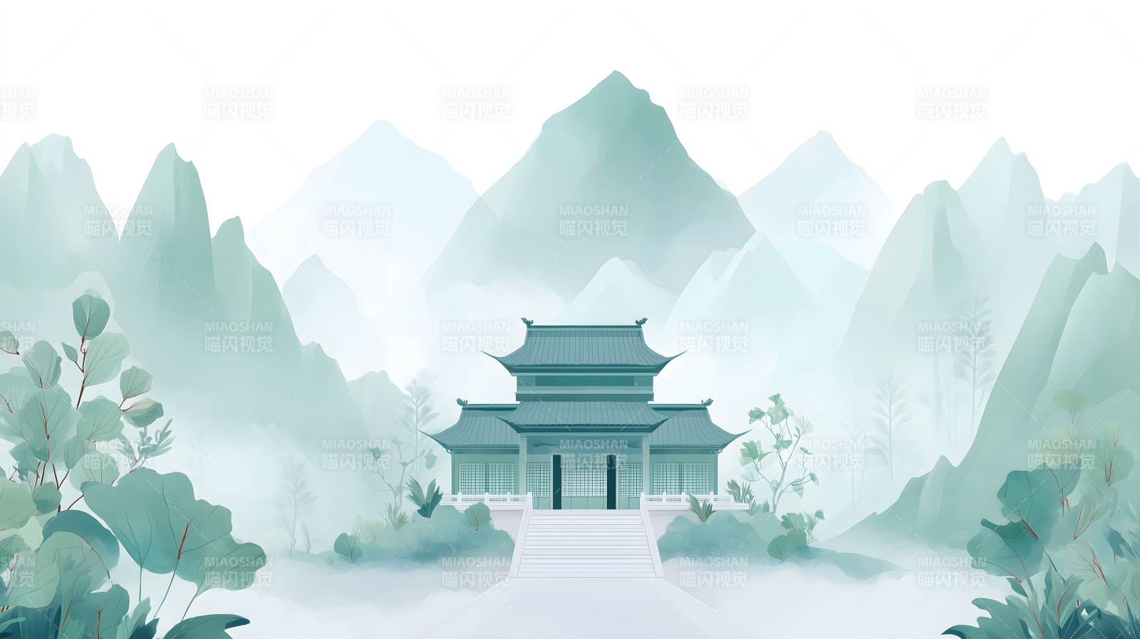 水墨风格东方庭院山水画图片