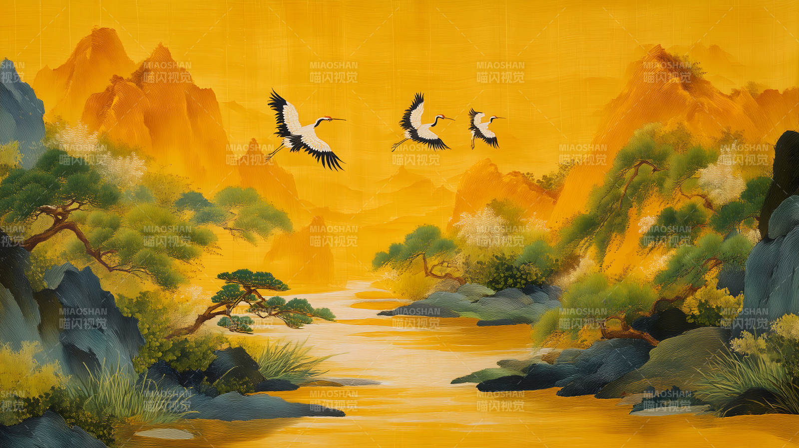 金色山河仙鹤翱翔诗意画卷图片
