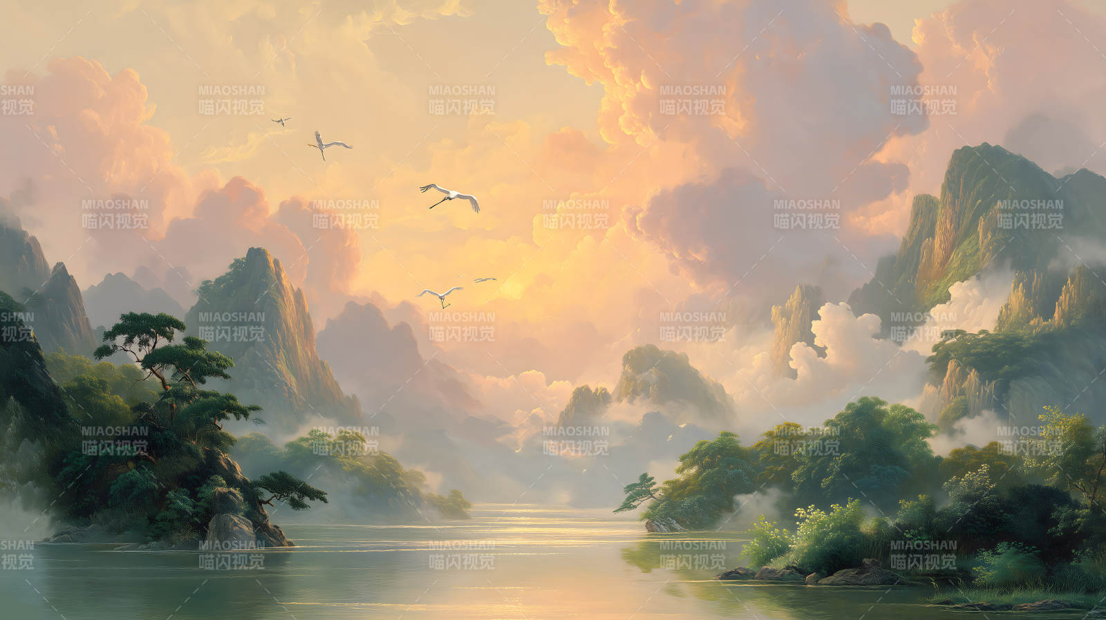 山水画卷仙鹤飞翔景色宜人图片