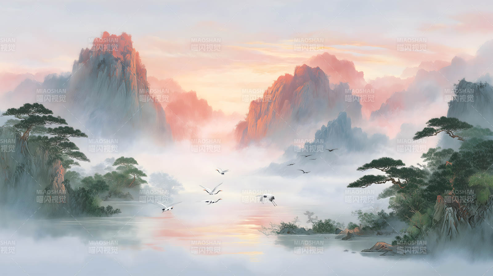 水墨山水画诗意盎然仙鹤飞舞图片