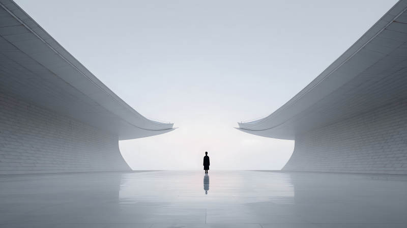 孤独身影伫立于未来建筑图片