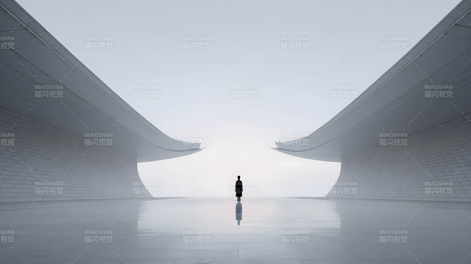 孤独身影伫立于未来建筑图片