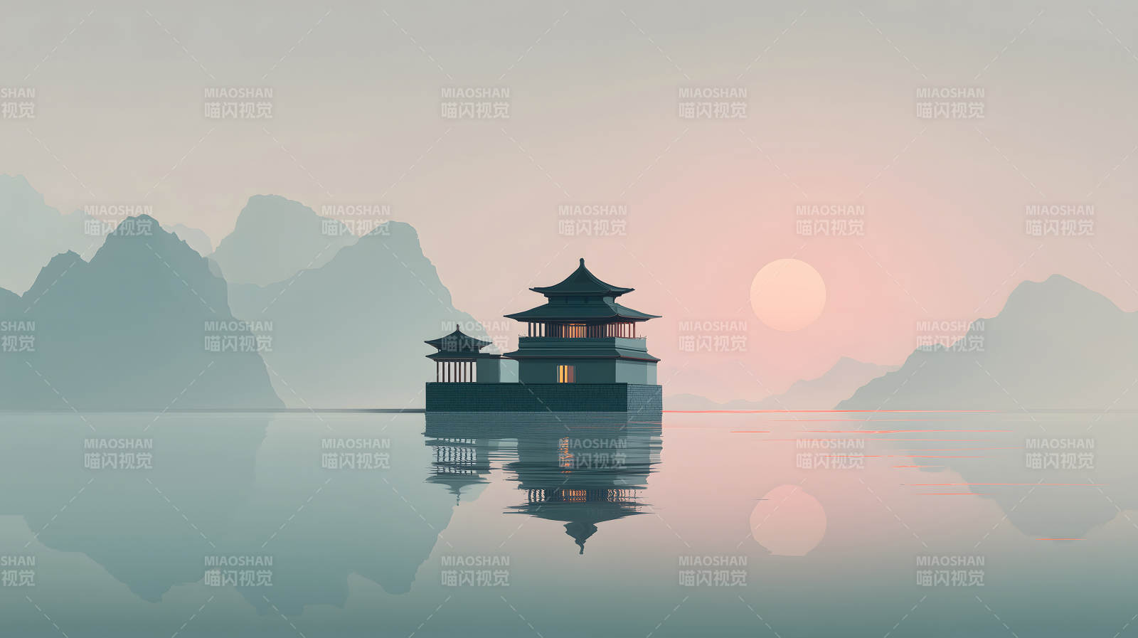 水上寺庙夕阳下的风景画作图片