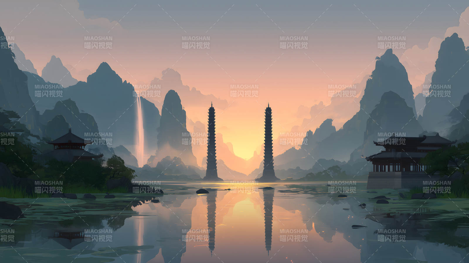 夕阳下的东方庭院与湖泊景色图片