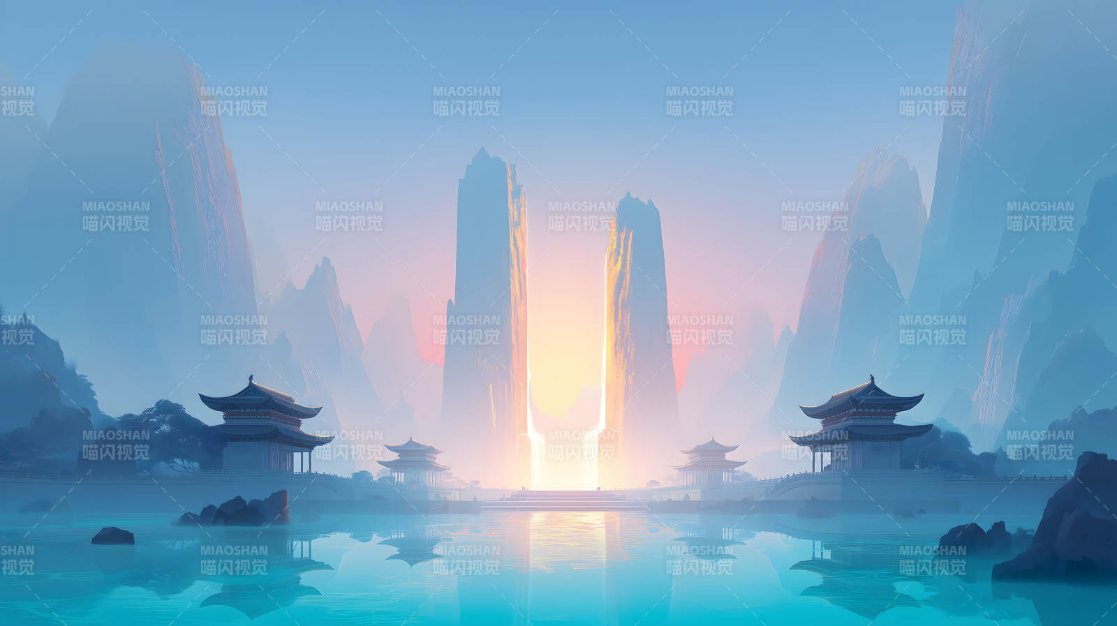 东方寺庙山水画梦幻场景图片