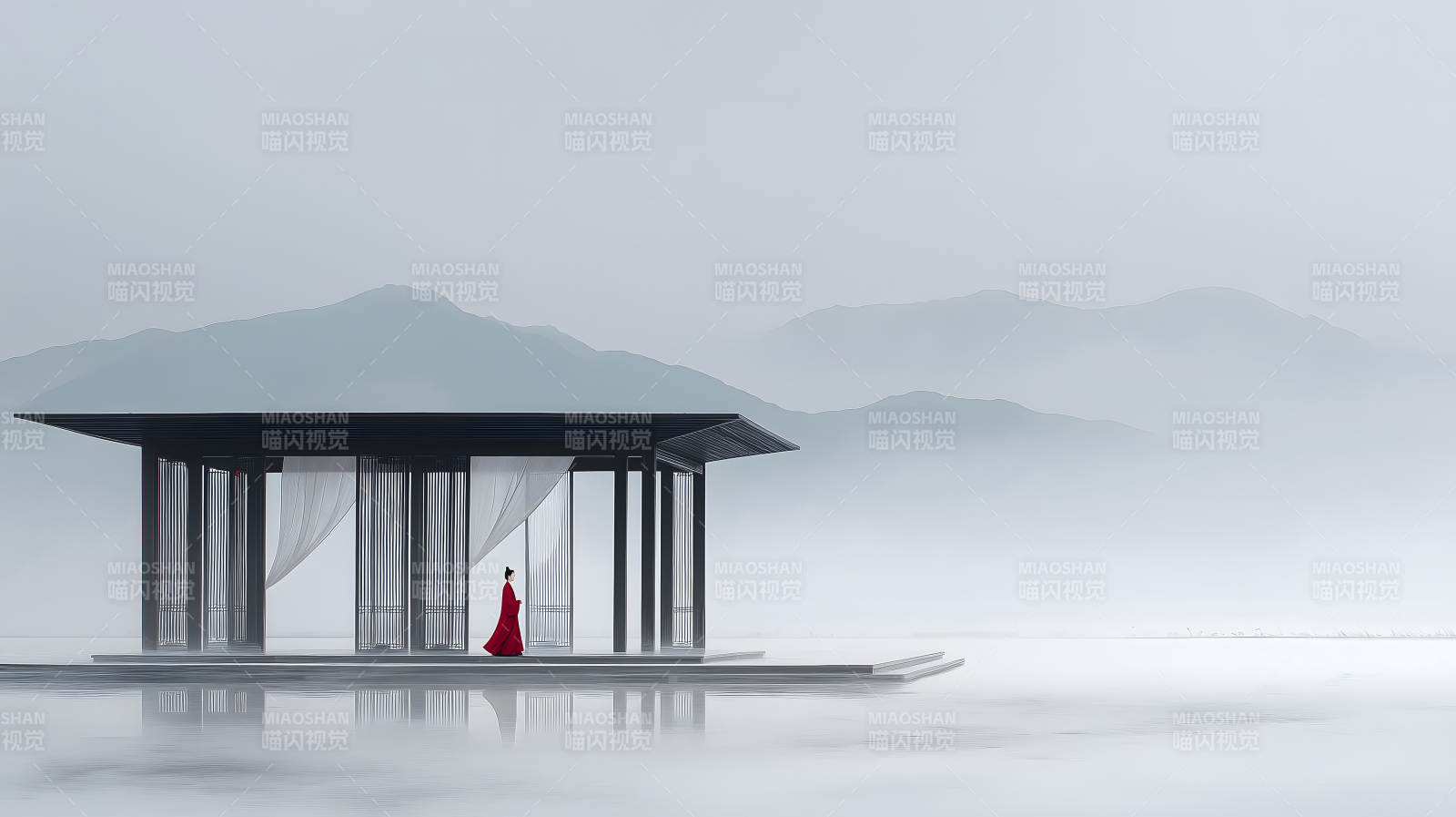 红衣女子伫立亭台山水之间图片