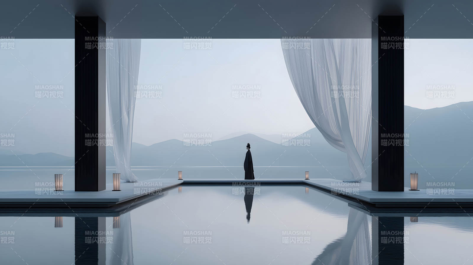 平静的湖泊景观人物剪影图片