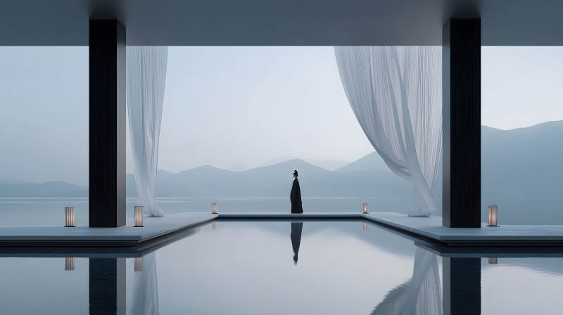 平静的湖泊景观人物剪影图片