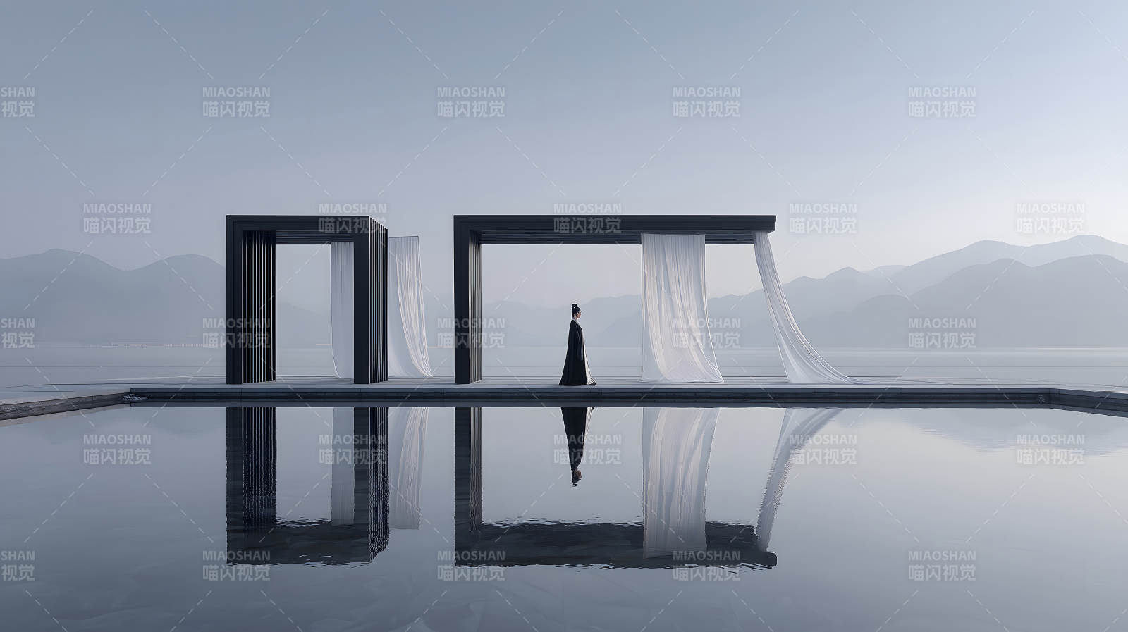 水边建筑与人物剪影宁静致远意境图片