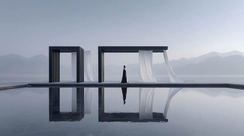 水边建筑与人物剪影宁静致远意境图片