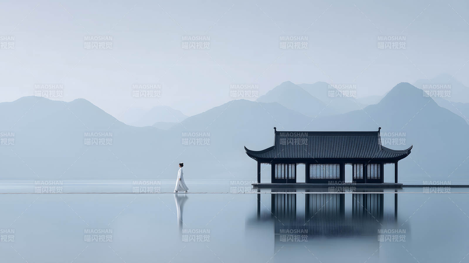 宁静的湖畔建筑与行人图片