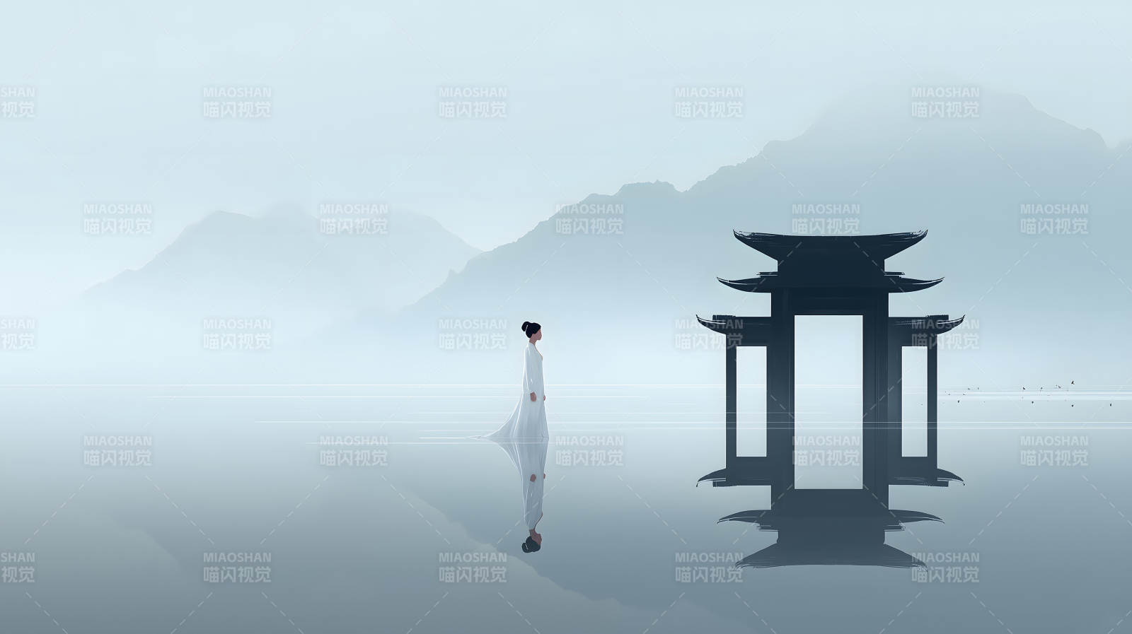 女子凝视日式建筑风景画图片