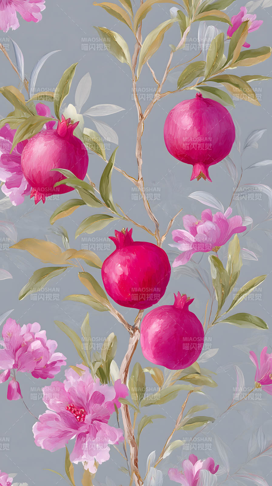 粉色石榴与鲜花盛开图图片