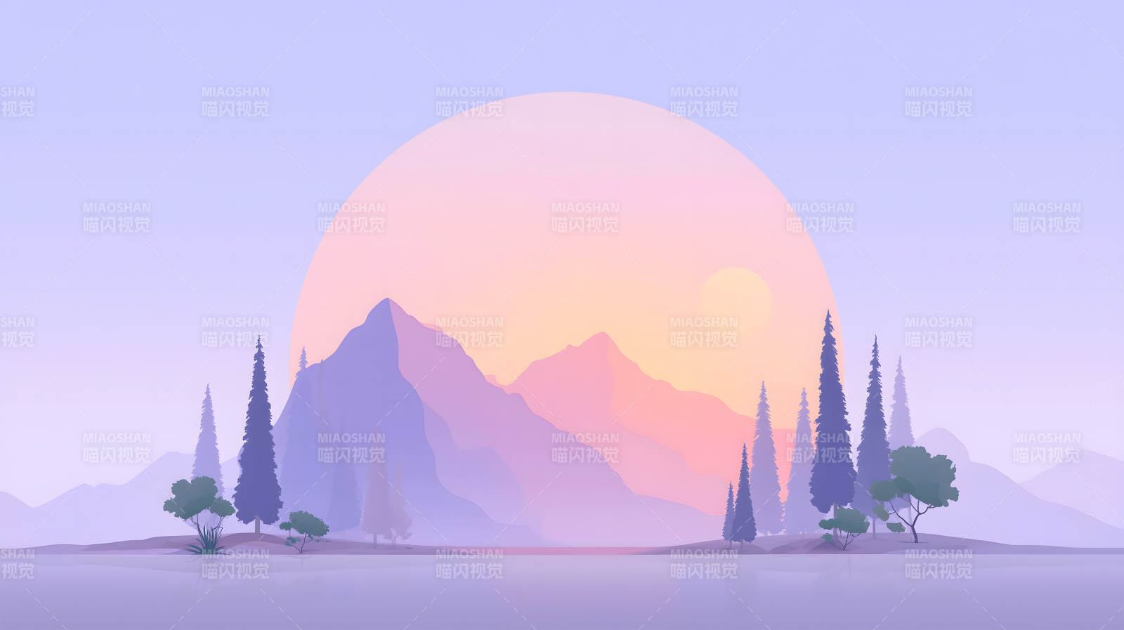 日落山水画唯美简约风景图片