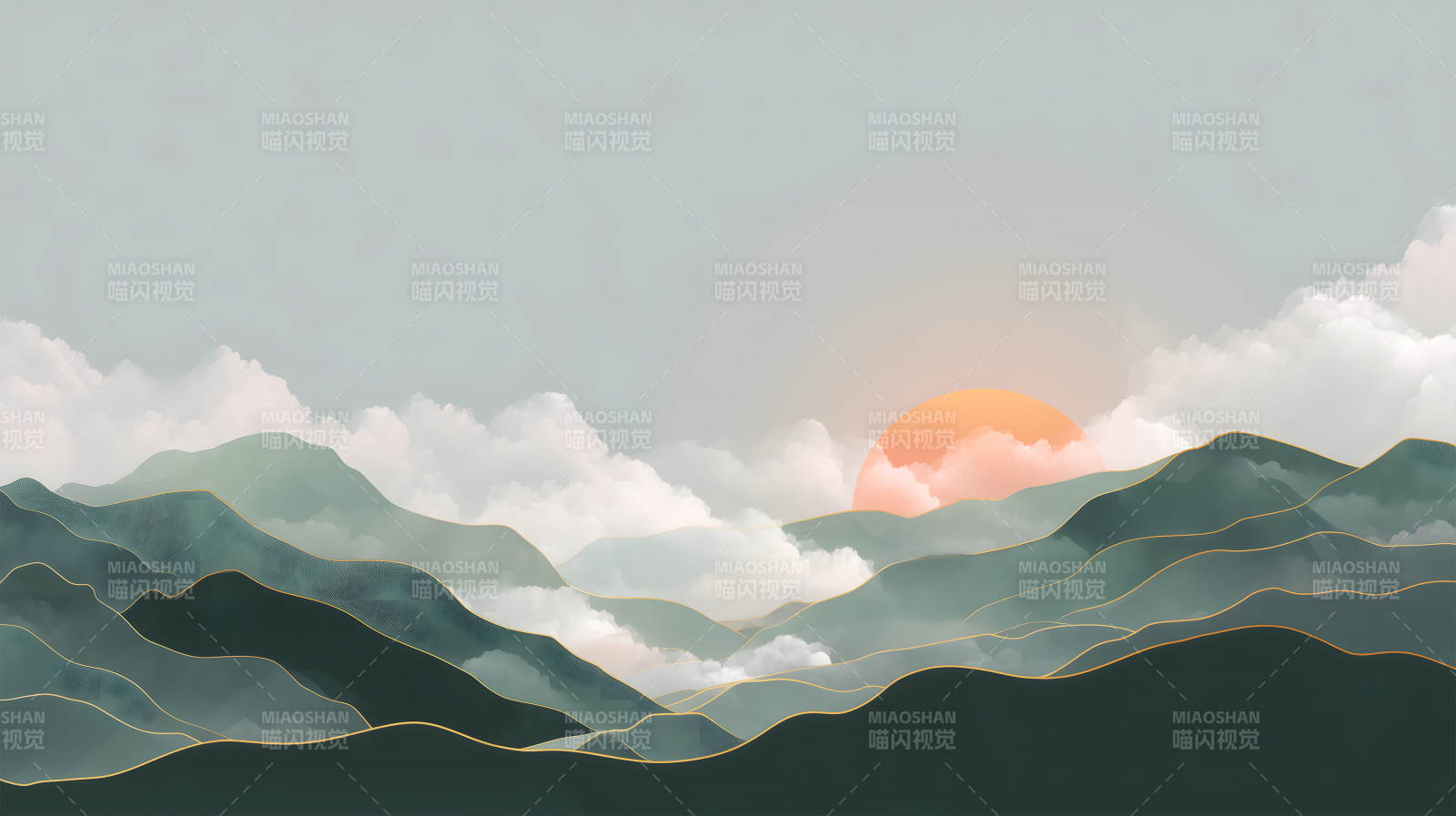 水墨山峦夕阳景象意境悠远图片