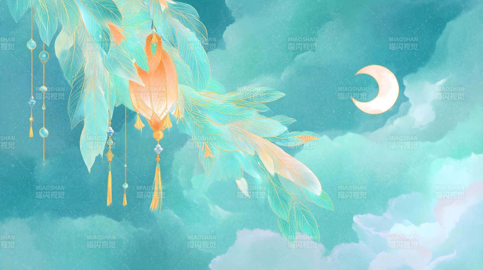 梦幻般月夜装饰与羽毛图片