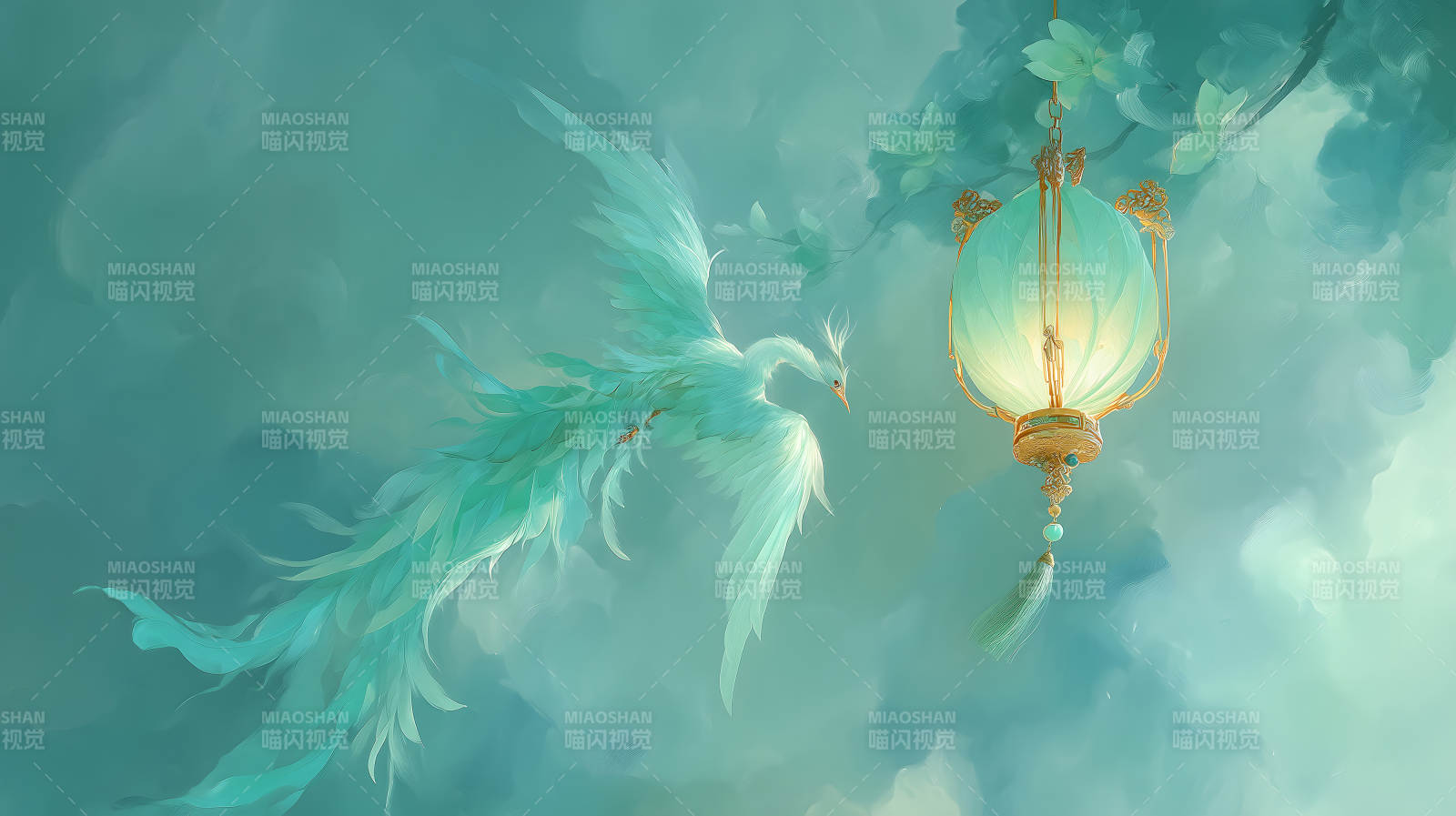青色仙鸟与灯笼的梦幻画图片
