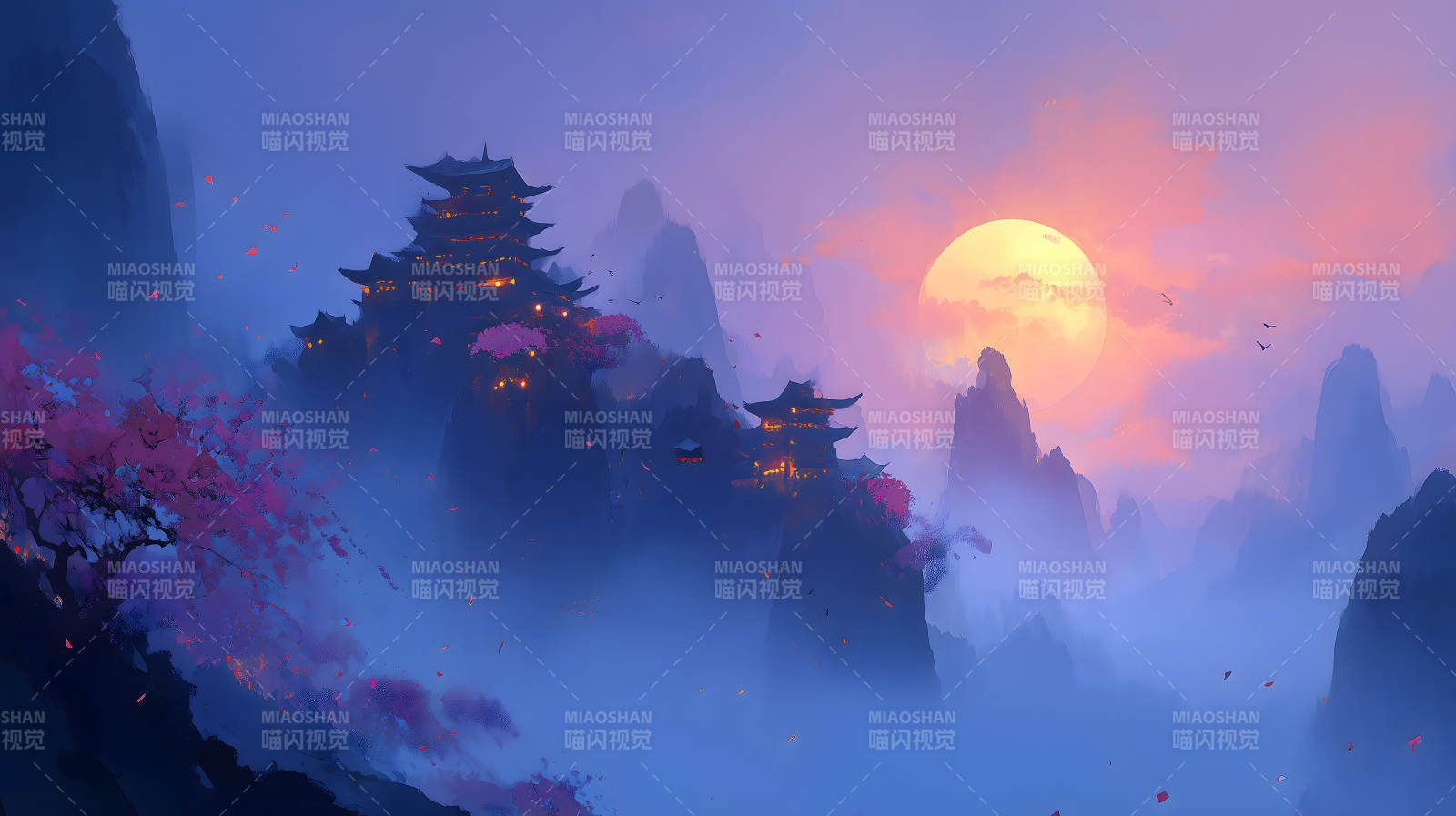 日落时分的山间寺庙图片