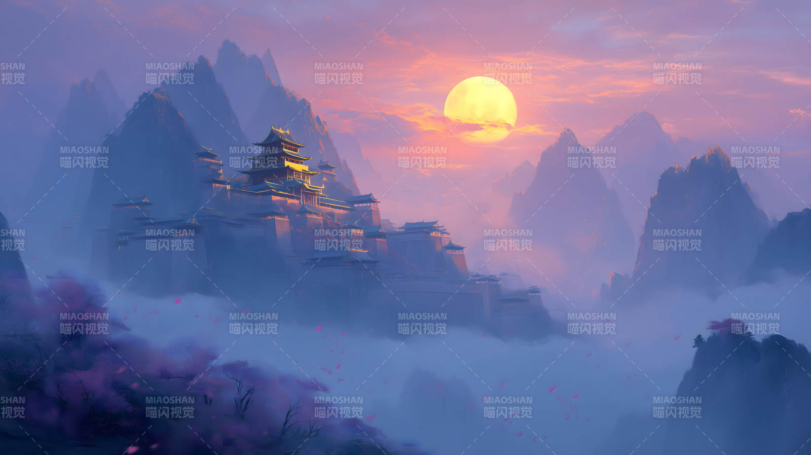 山间古城晚霞下的美景图片