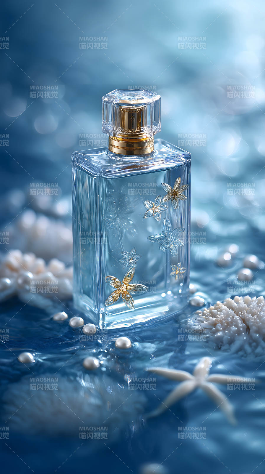 蓝色香水瓶水中珍珠图片