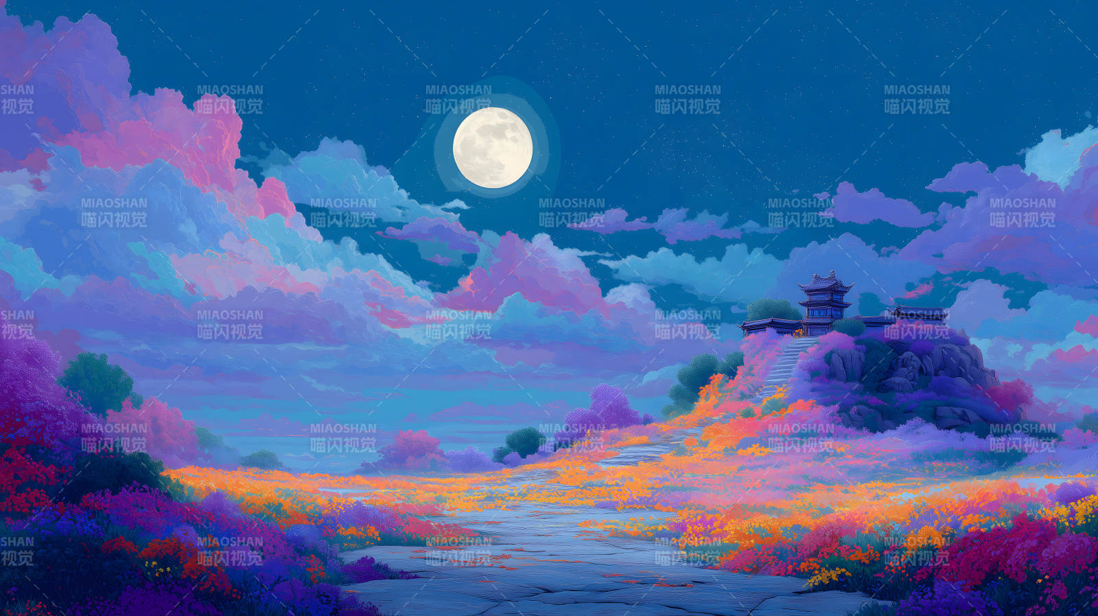 月夜仙境梦幻山丘之上图片