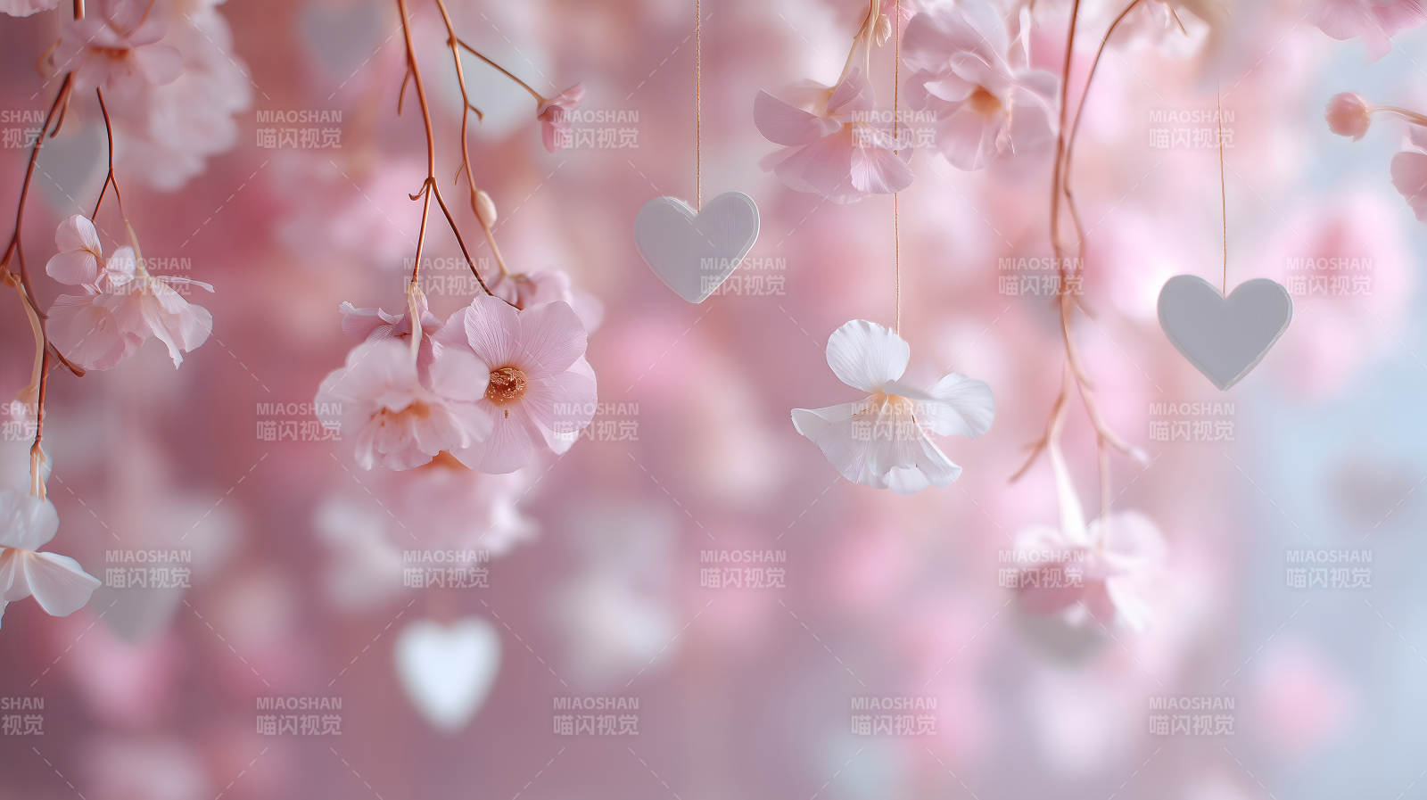 粉色樱花与悬挂的心形装饰图片