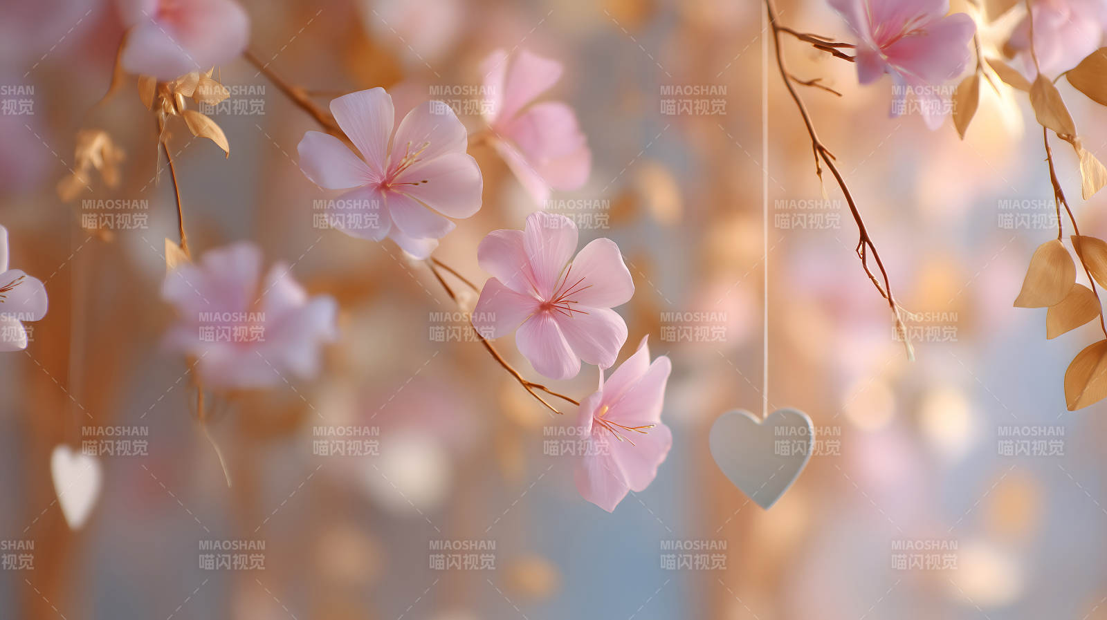 粉色花朵与爱心装饰的浪漫景象图片