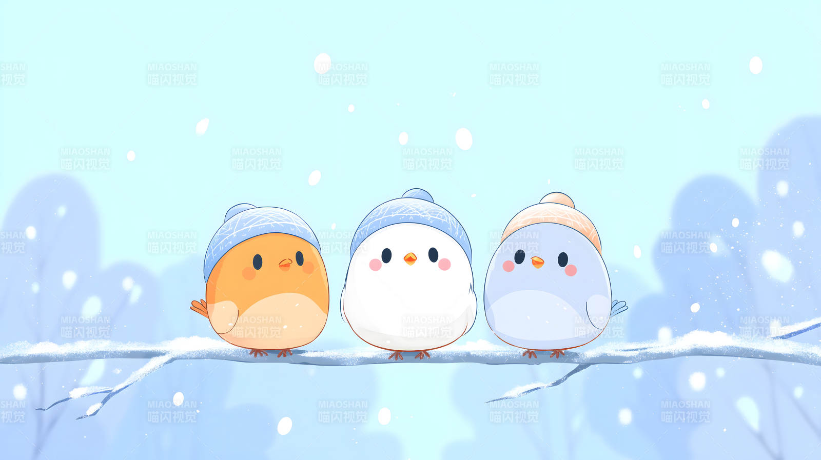 三只戴帽小鸟在雪天里休息图片