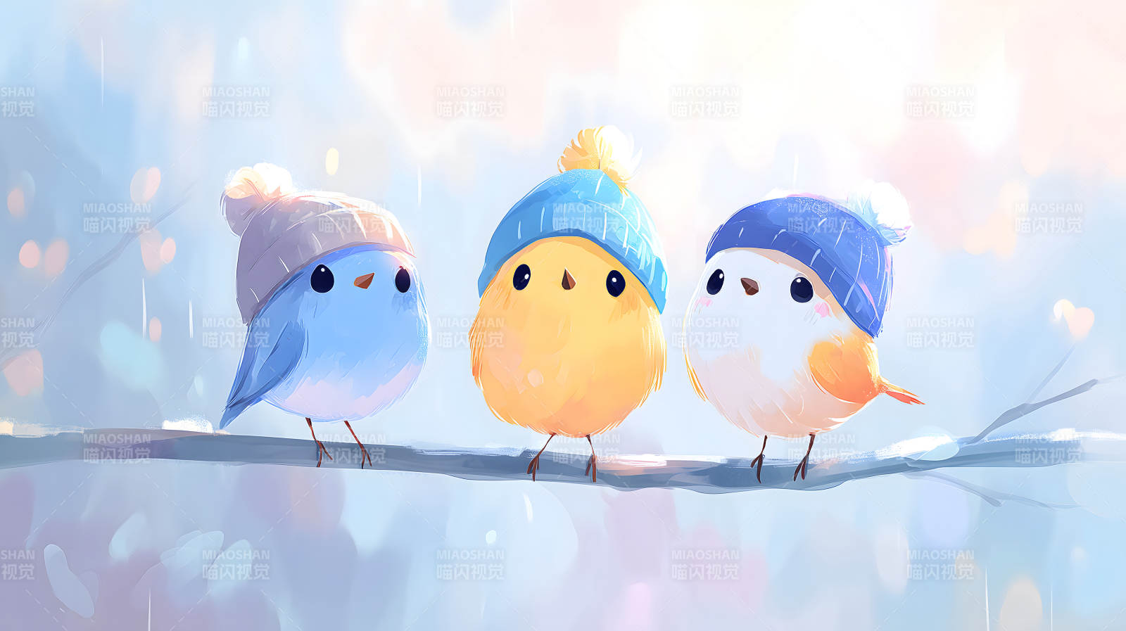 三只戴帽小鸟在枝头图片