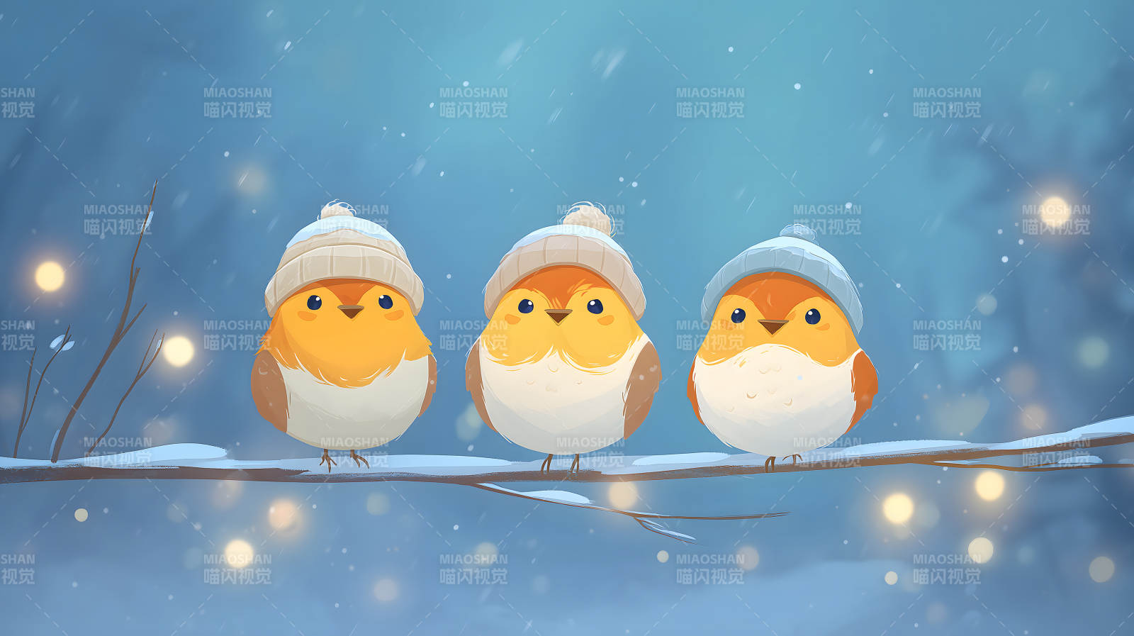 三只可爱的小鸟在雪中图片