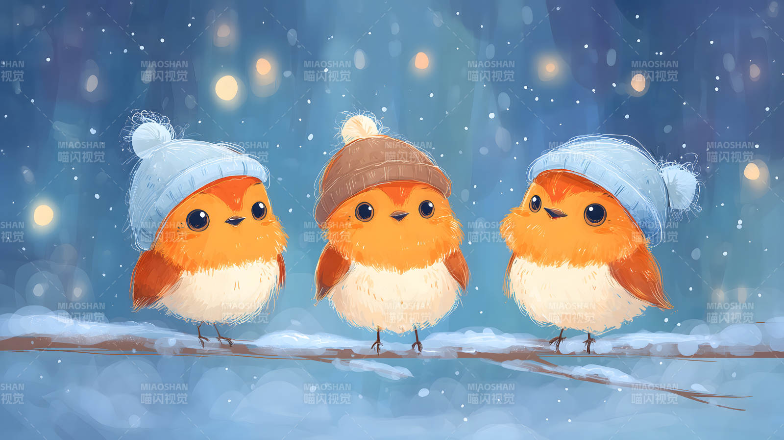 可爱小鸟戴着帽子在雪中图片