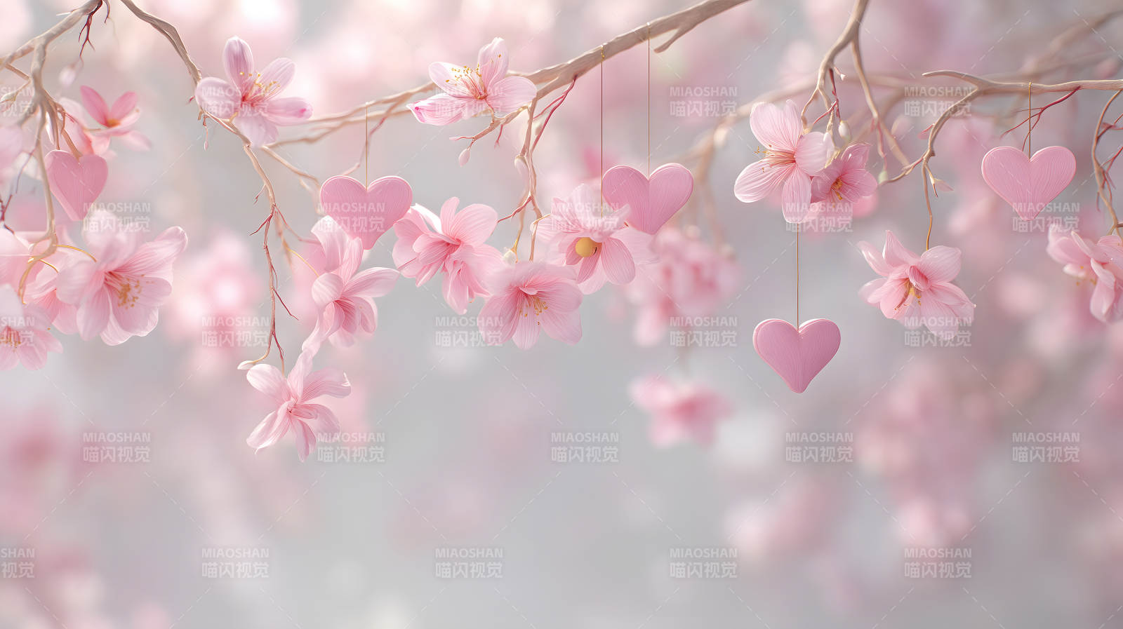 粉色樱花与心形装饰点缀浪漫图片