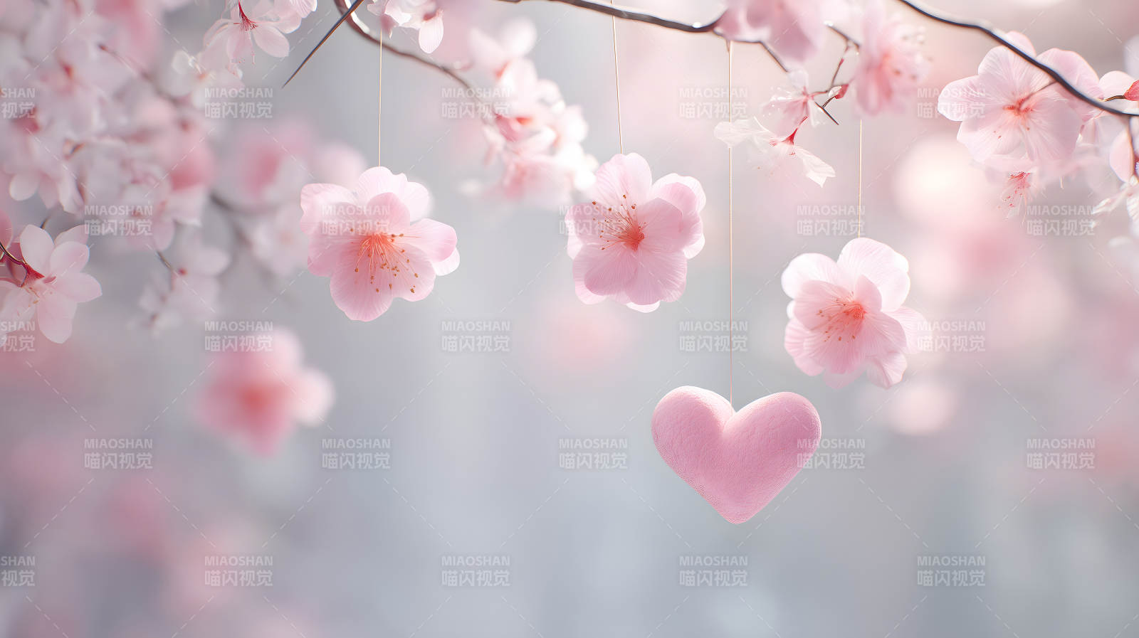 粉色樱花与爱心装饰的唯美意境图片