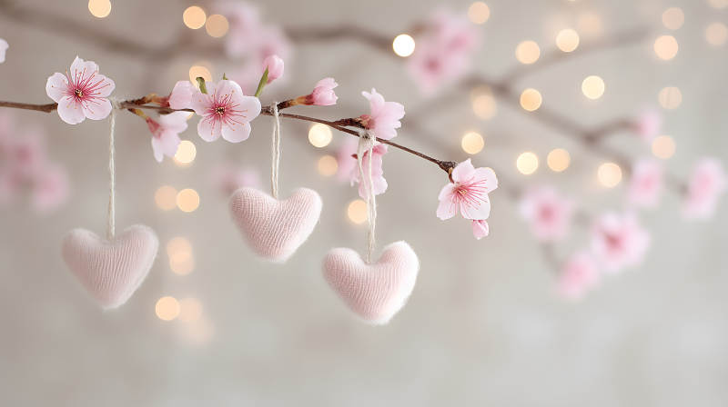 粉色樱花与心形装饰浪漫唯美图片