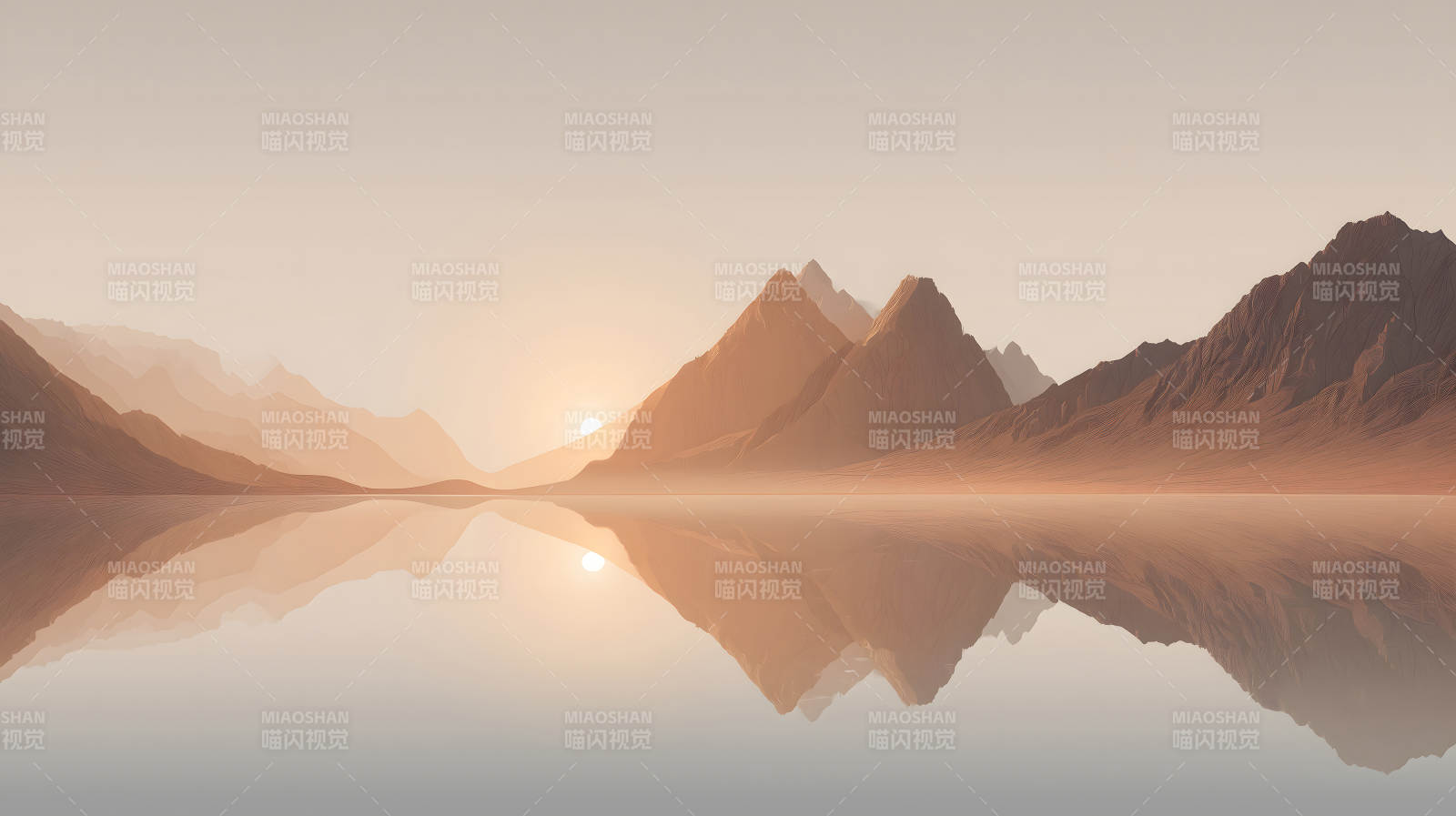 夕阳下的山川倒影景象图片